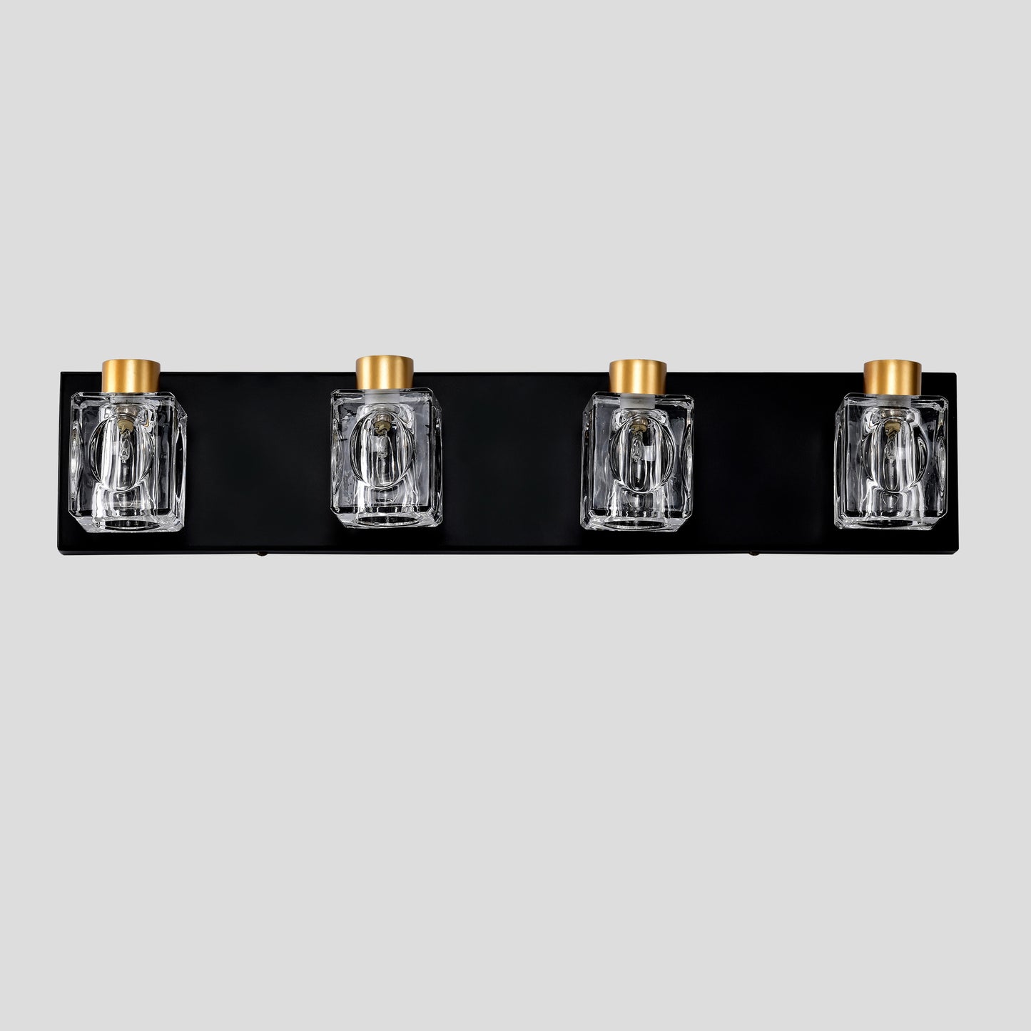 4-Light Matte Black + Gold Bathroom Light Fixtures – Modern Vanity Lights with Crystal Glass Shades
