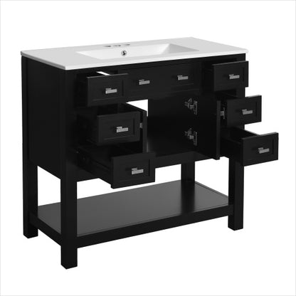 36" Black Bathroom Vanity with Top Sink – Modern Storage Cabinet with 2 Soft Closing Doors & 6 Drawers, Single Sink Vanity
