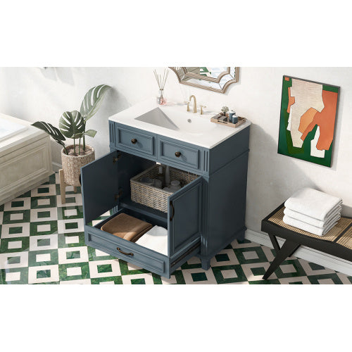 30'' Bathroom Vanity with Ceramic Sink – Solid Wood Frame Storage Cabinet with Soft Closing Doors, Retro Style, Blue