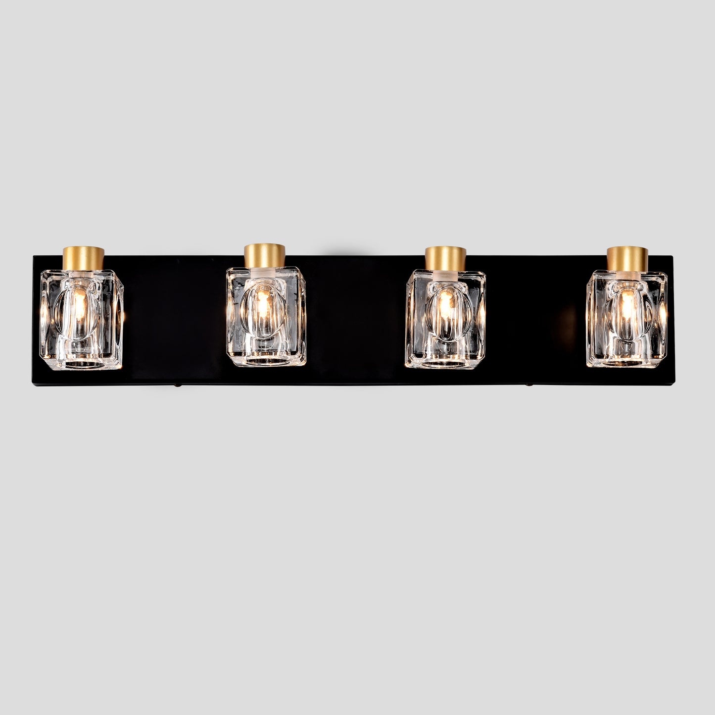 4-Light Matte Black + Gold Bathroom Light Fixtures – Modern Vanity Lights with Crystal Glass Shades