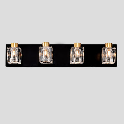 4-Light Matte Black + Gold Bathroom Light Fixtures – Modern Vanity Lights with Crystal Glass Shades