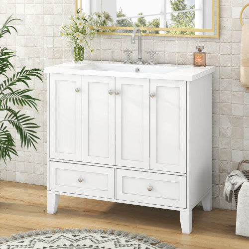 36'' Bathroom Vanity with Resin Sink Combo – Freestanding Solid Wood Frame Storage Cabinet with 4 Soft Closing Doors & 2 Drawers (White)