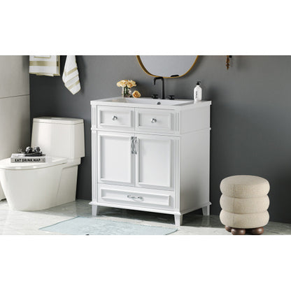 30'' Bathroom Vanity with Resin Sink – Solid Wood Frame, Soft Closing Doors, Retro Style, White