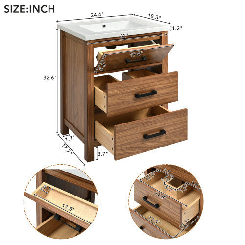 24'' Bathroom Vanity with Ceramic Basin Sink – Freestanding, Modern Storage Cabinet with 3 Drawers