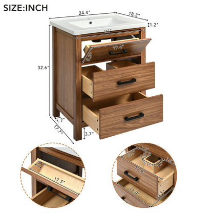 24'' Bathroom Vanity with Ceramic Basin Sink – Freestanding, Modern Storage Cabinet with 3 Drawers