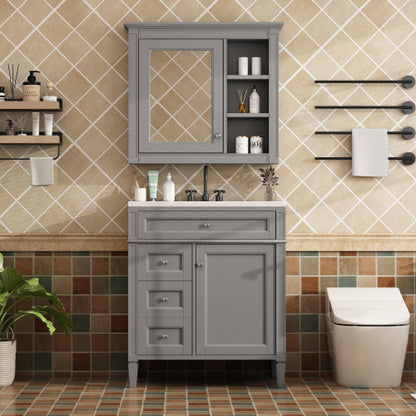 30'' Bathroom Vanity With Top Sink, Modern Bathroom Storage Cabinet With 2 Drawers And A Tip-out Drawer, Freestanding Vanity Set With Mirror Cabinet, Single Sink Bathroom Vanity