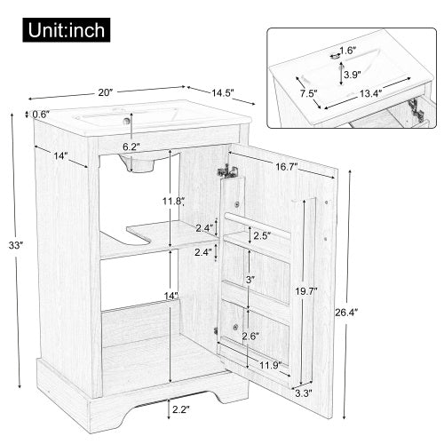 20  Bathroom Vanity With Sink, Bathroom Cabinet With Soft Closing Door, Storage Rack And Adjustable Shelve, Natural Wood