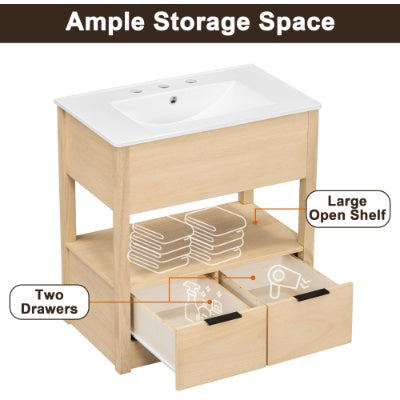 30 Bathroom Vanity With Sink Top, Bathroom Cabinet With Open Storage Shelf And Two Drawers, One Package, Natural