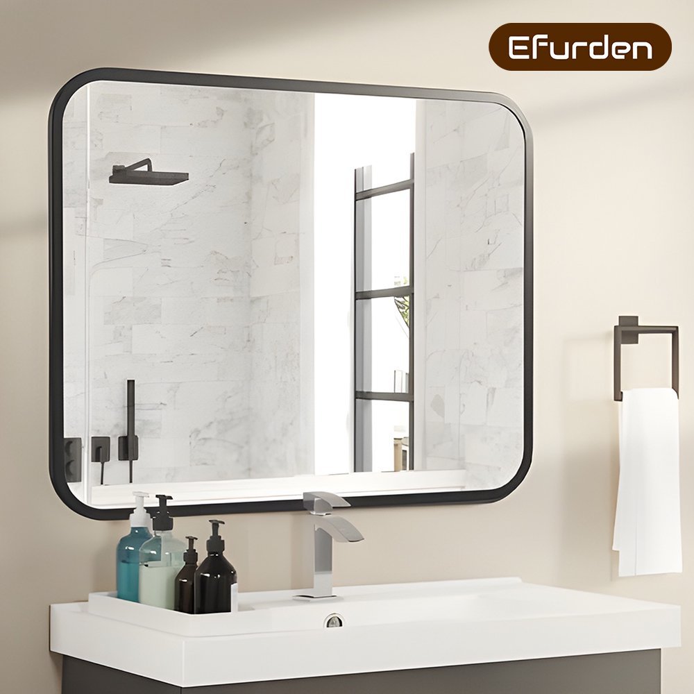 Black Bathroom Wall Mirror – Rectangle Vanity Mirror with Round Corners, Shatterproof Glass, Anti-Rust Aluminum Frame, Seamless Design