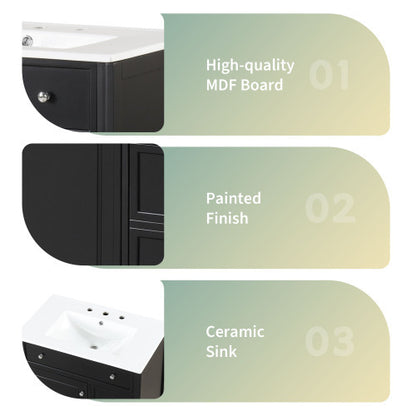 30  Bathroom Vanity With Sink Top, Bathroom Vanity Cabinet With Door And Two Drawers, MDF Boards, Solid Wood, One Package, Black
