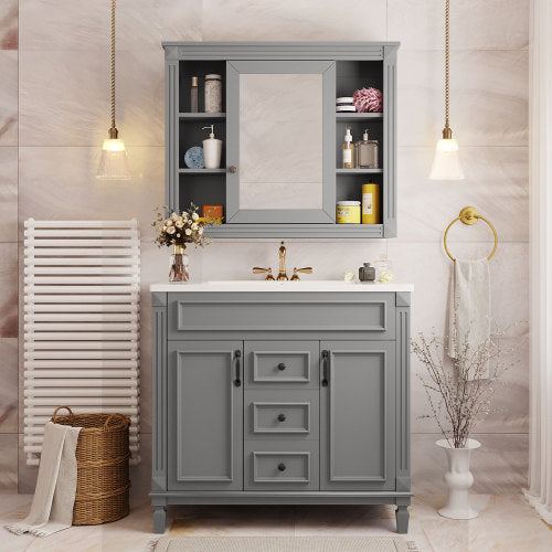 36'' Bathroom Vanity with Top Sink – Royal Blue Mirror Cabinet, Modern Storage with 2 Soft-Closing Doors & Drawers, Single Sink Vanity