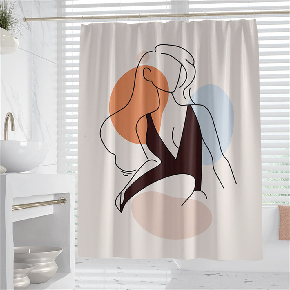 Hand-Drawn Woman Geometric Line Illustration Shower Curtain – Premium Polyester