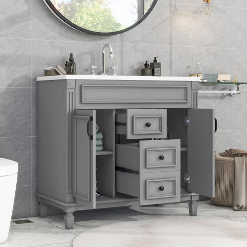 36'' Bathroom Vanity with Top Sink – Modern Storage Cabinet with 2 Soft-Closing Doors & 2 Drawers, Single Sink Vanity (Grey)