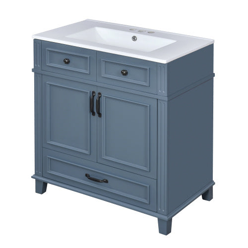 30'' Bathroom Vanity with Ceramic Sink – Solid Wood Frame Storage Cabinet with Soft Closing Doors, Retro Style, Blue
