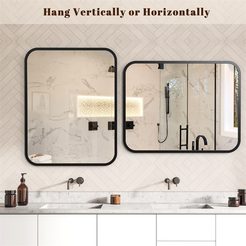 Black Bathroom Wall Mirror – Rectangle Vanity Mirror with Round Corners, Shatterproof Glass, Anti-Rust Aluminum Frame, Seamless Design