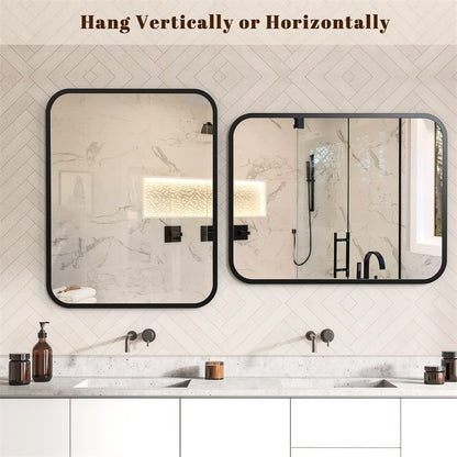 Black Bathroom Wall Mirror – Rectangle Vanity Mirror with Round Corners, Shatterproof Glass, Anti-Rust Aluminum Frame, Seamless Design