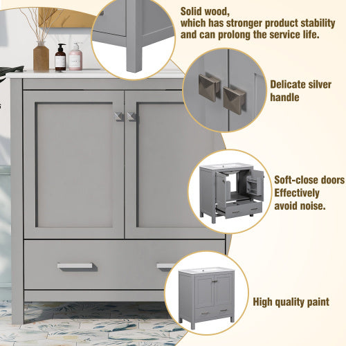 30" Gray Bathroom Vanity – Under-Mount Sink, Soft Closing Doors & Multifunctional Storage