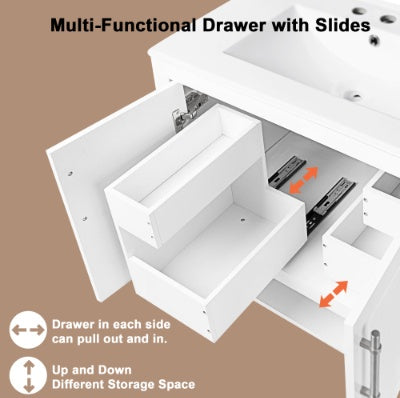 30 Bathroom Vanity With Sink, Multi-functional Bathroom Cabinet With Doors And Drawers, Solid Frame And MDF Board, White