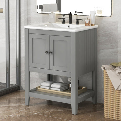 24 White Modern Sleek Bathroom Vanity Elegant Ceramic Sink With Solid Wood Frame Open Style Shelf