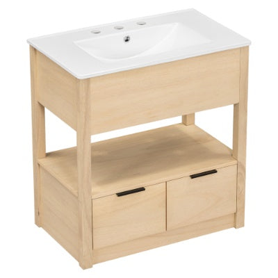 30 Bathroom Vanity With Sink Top, Bathroom Cabinet With Open Storage Shelf And Two Drawers, One Package, Natural
