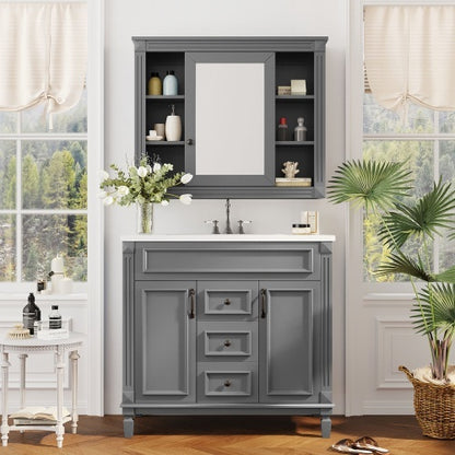 36'' Bathroom Vanity with Top Sink – Royal Blue Mirror Cabinet, Modern Storage with 2 Soft-Closing Doors & Drawers, Single Sink Vanity