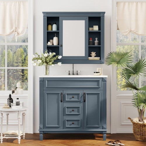 36'' Bathroom Vanity with Top Sink – Royal Blue Mirror Cabinet, Modern Storage with 2 Soft-Closing Doors & Drawers, Single Sink Vanity