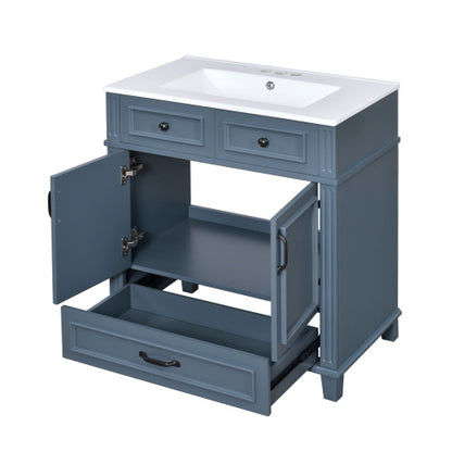 30'' Bathroom Vanity with Ceramic Sink – Solid Wood Frame Storage Cabinet with Soft Closing Doors, Retro Style, Blue