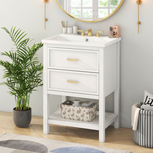 24" Bathroom Vanity with Top Sink – Modern White & Gold Storage Cabinet with 2 Drawers