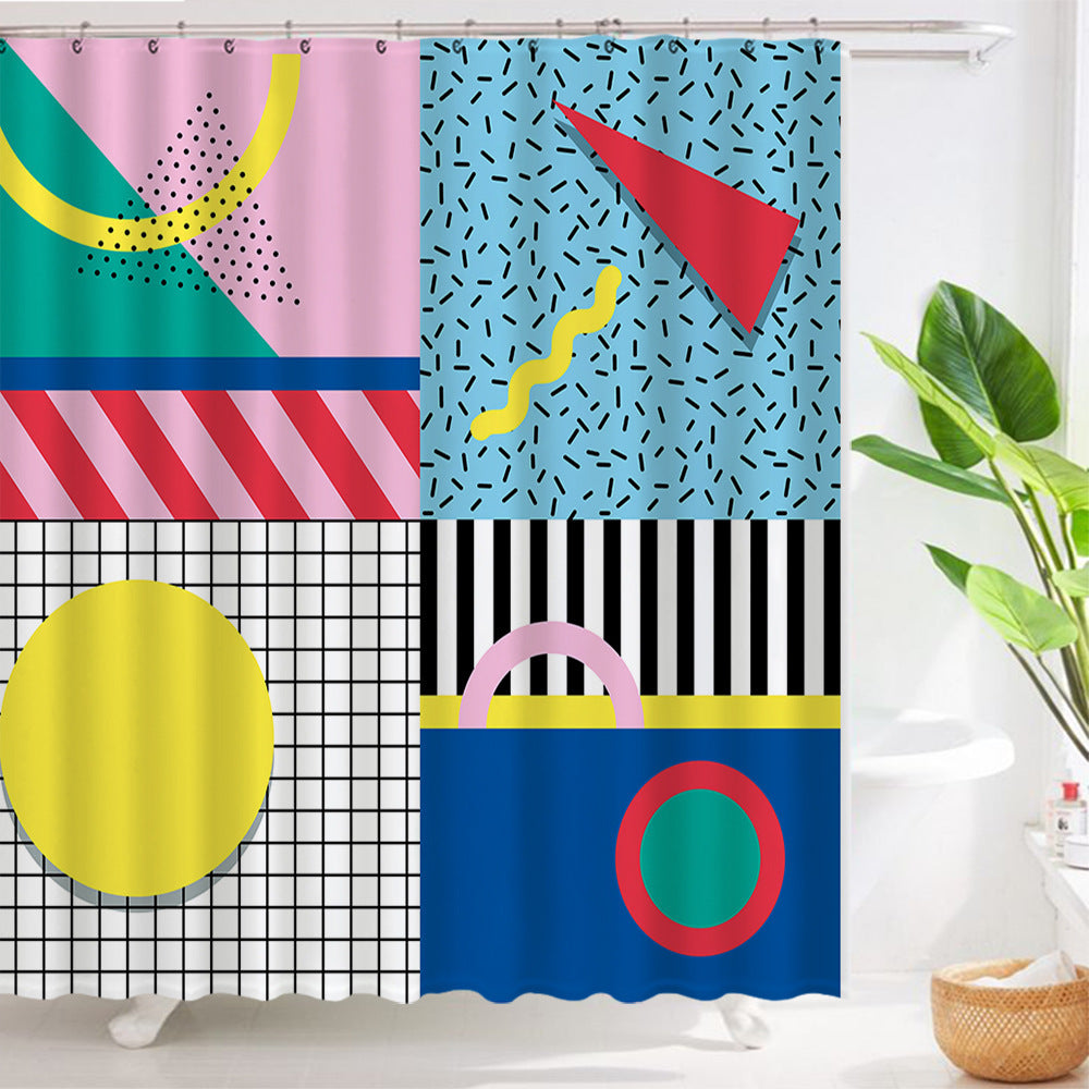 Art Geometric Waterproof Shower Curtain – Polyester with Copper Buttonholes and Resin Rings