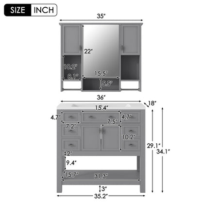 36'' Bathroom Vanity With Top Sink, Modern Mirror Cabinet With Towels Bar, Bathroom Storage Cabinet With 2 Soft Closing Doors And 6 Drawers, Single Sink Bathroom Vanity