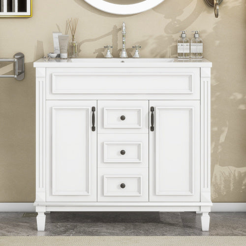 36'' Bathroom Vanity with Top Sink – Modern Storage Cabinet with 2 Soft-Closing Doors & 2 Drawers, Single Sink Vanity (White)