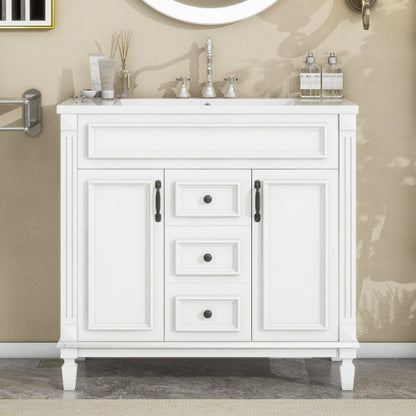 36'' Bathroom Vanity with Top Sink – Modern Storage Cabinet with 2 Soft-Closing Doors & 2 Drawers, Single Sink Vanity (White)