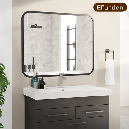 Black Bathroom Wall Mirror – Rectangle Vanity Mirror with Round Corners, Shatterproof Glass, Anti-Rust Aluminum Frame, Seamless Design