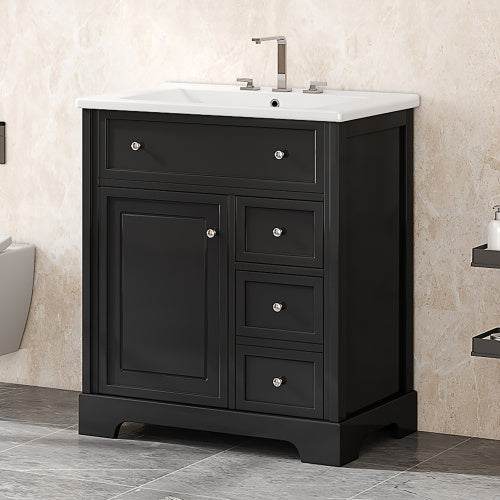 30  Bathroom Vanity With Sink Top, Bathroom Vanity Cabinet With Door And Two Drawers, MDF Boards, Solid Wood, One Package, Black