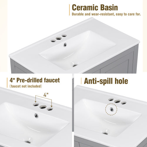 30" Gray Bathroom Vanity – Under-Mount Sink, Soft Closing Doors & Multifunctional Storage