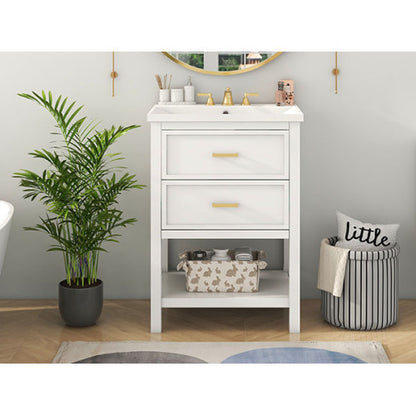 24" Bathroom Vanity with Top Sink – Modern White & Gold Storage Cabinet with 2 Drawers