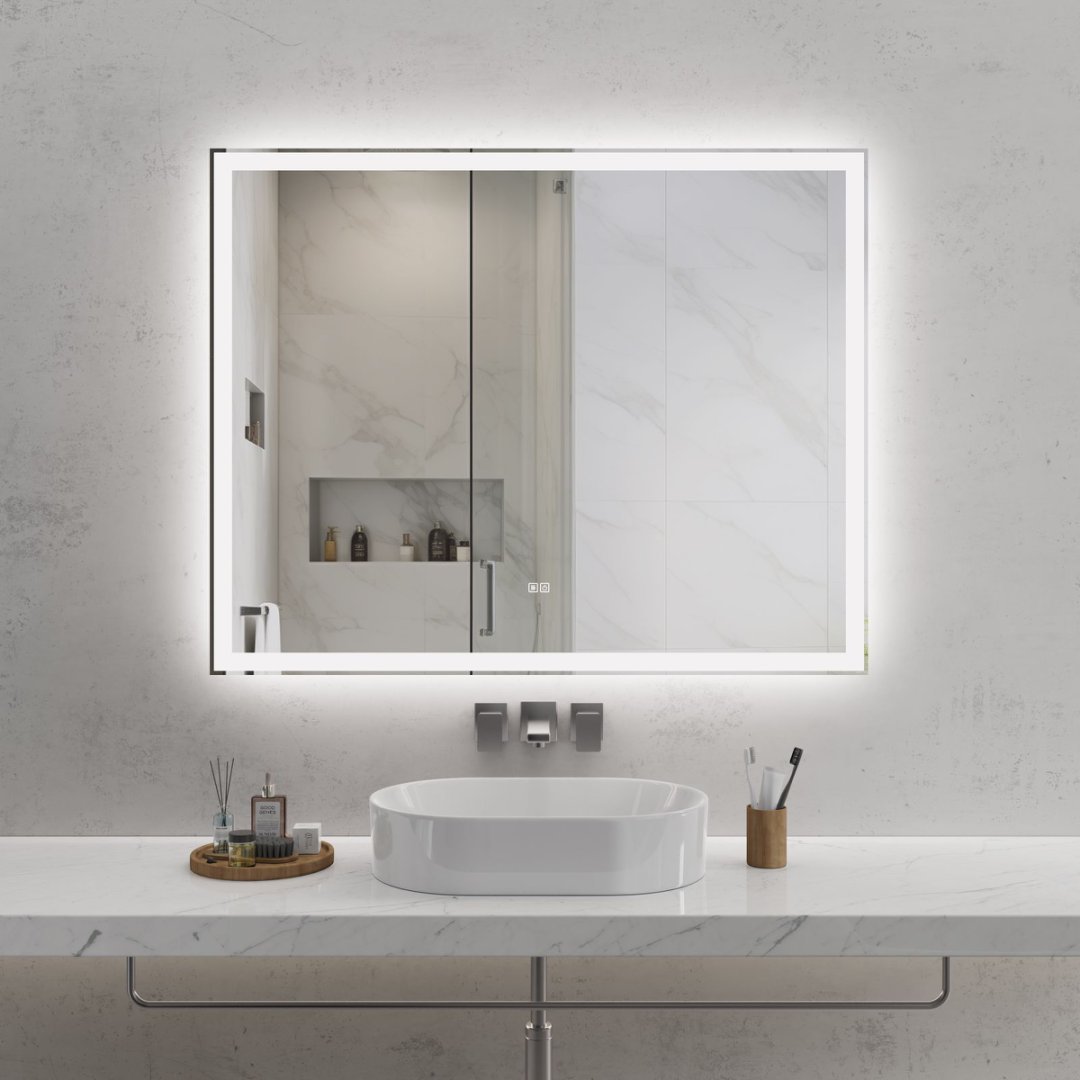 Modern LED Smart Mirror – Rectangular, Front & Back Lit, 3-Color Adjustable with Anti-Fog, Memory Function, and Time Mode Control