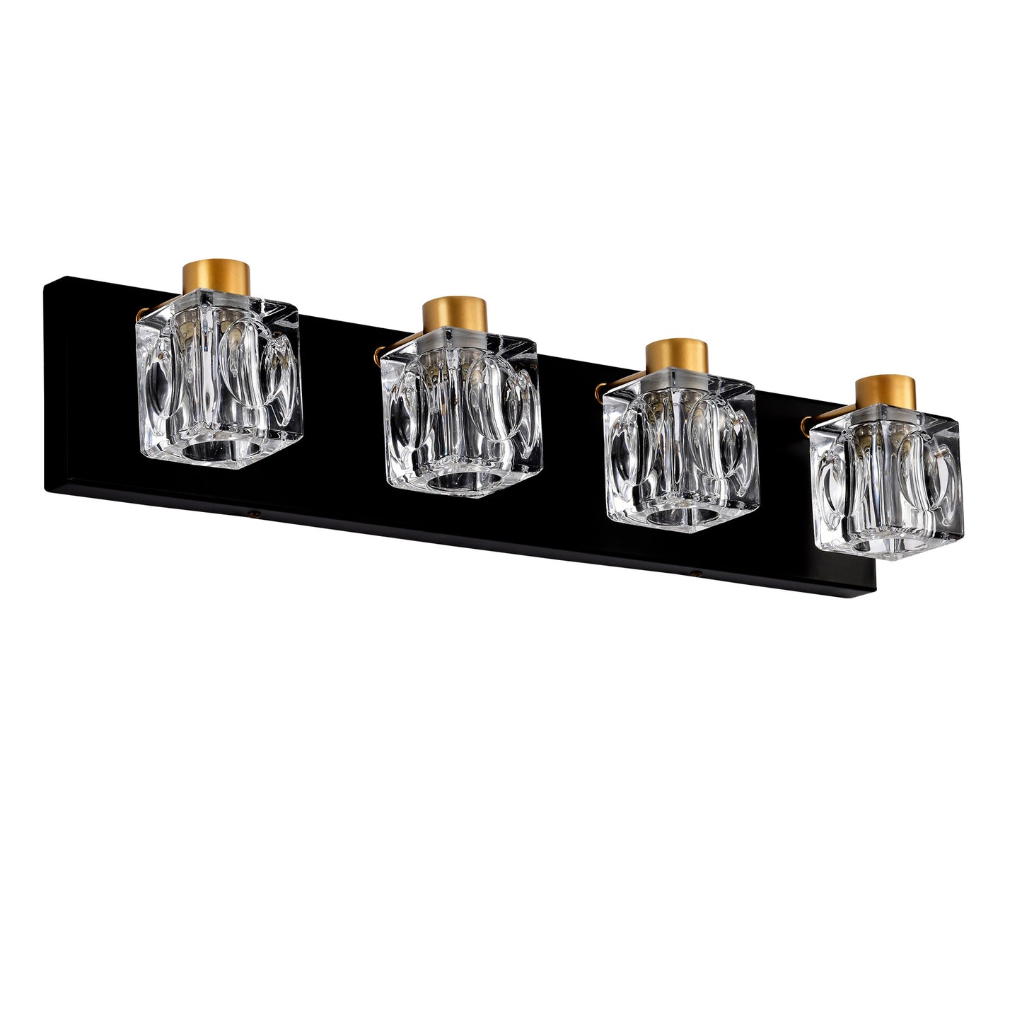 4-Light Matte Black + Gold Bathroom Light Fixtures – Modern Vanity Lights with Crystal Glass Shades
