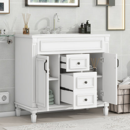 36'' Bathroom Vanity with Top Sink – Modern Storage Cabinet with 2 Soft-Closing Doors & 2 Drawers, Single Sink Vanity (White)