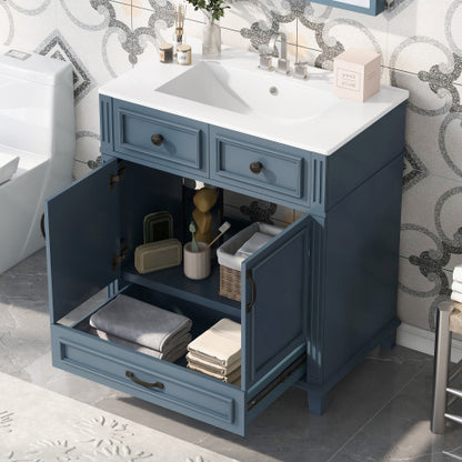 30'' Bathroom Vanity with Ceramic Sink – Solid Wood Frame Storage Cabinet with Soft Closing Doors, Retro Style, Blue