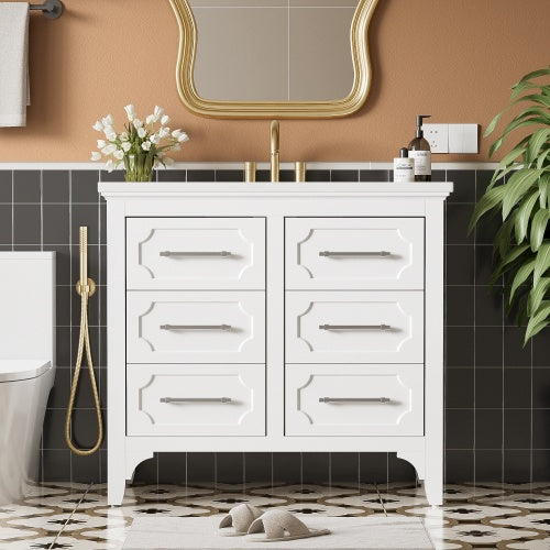 36'' Bathroom Vanity With Resin Sink Combo, Free Standing Single Vanity Set With Four Drawers, Solid Wood Frame Bathroom Storage Cabinet