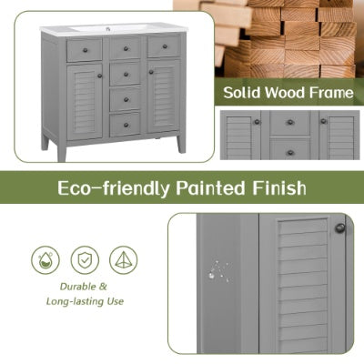 36 Bathroom Vanity With Ceramic Basin, Two Cabinets And Five Drawers, Solid Wood Frame, Grey