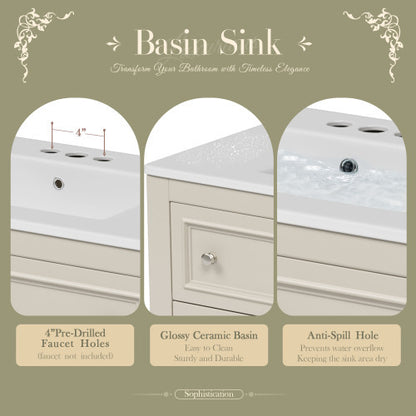 36'' Bathroom Vanity With Medicine Cabinet, Modern Mirror Cabinet With Adjustable Shelf, Bathroom Storage Cabinet With 4 Drawers, Solid Wood Frame Bathroom Storage Cabinet