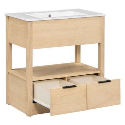 30 Bathroom Vanity With Sink Top, Bathroom Cabinet With Open Storage Shelf And Two Drawers, One Package, Natural