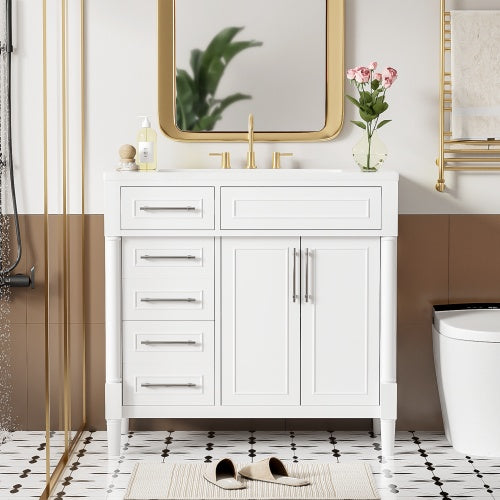 36'' Bathroom Vanity With Top Resin Sink, Freestanding Bathroom Storage Cabinet With 2 Drawers And A Tip-out Drawer, Solid Wood Frame Vanity Set, Height Adjustable Shelf