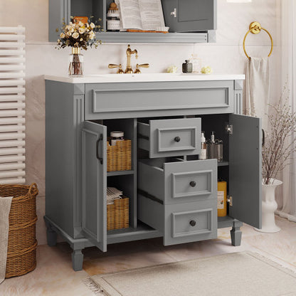 36'' Bathroom Vanity with Top Sink – Modern Storage Cabinet with 2 Soft-Closing Doors & 2 Drawers, Single Sink Vanity (Grey)