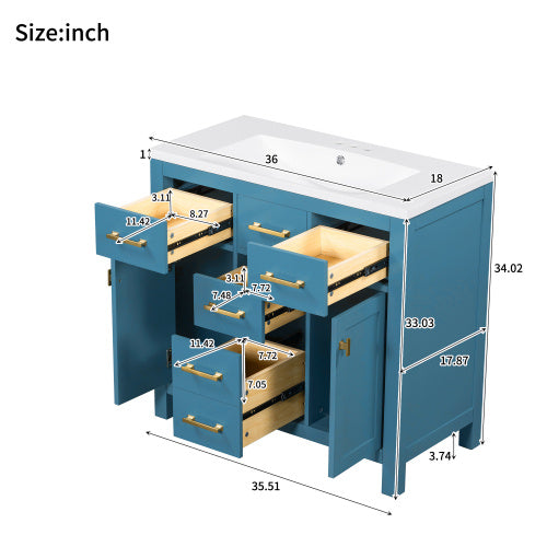 36'' Bathroon Vanity With Resin Sink Combo Set,Modern Freestanding Single Bathroom Cabinet With 4 Drawers & 2 Cabinets,Storage Cabinet For Bathroom, Solid Wood Frame Vanity Set