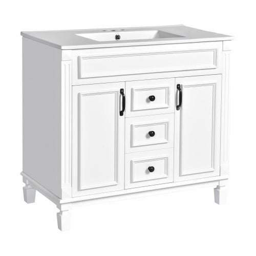36'' Bathroom Vanity with Top Sink – Modern Storage Cabinet with 2 Soft-Closing Doors & 2 Drawers, Single Sink Vanity (White)