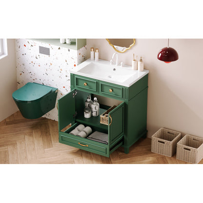 30'' Bathroom Vanity with Resin Sink – Solid Wood Frame, Soft Closing Doors, Retro Style, Green