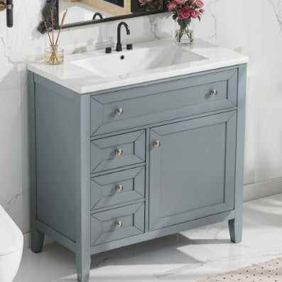 Solid Wood Bathroom Vanity With Ceramic Undermount Sink 12 Soft Close Drawer Slides, Flip Bin  Single Drawer  Storage Drawer, Adjustable Shelf, 70kg Load Capacity, Gray